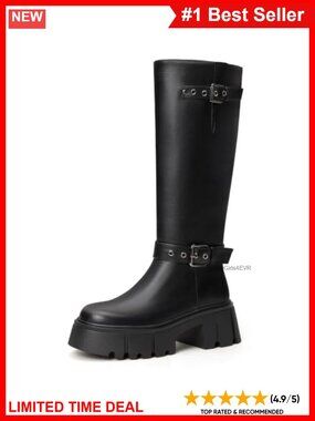 Women's Faux Leather Knee High Platform Boots Chunky Heel